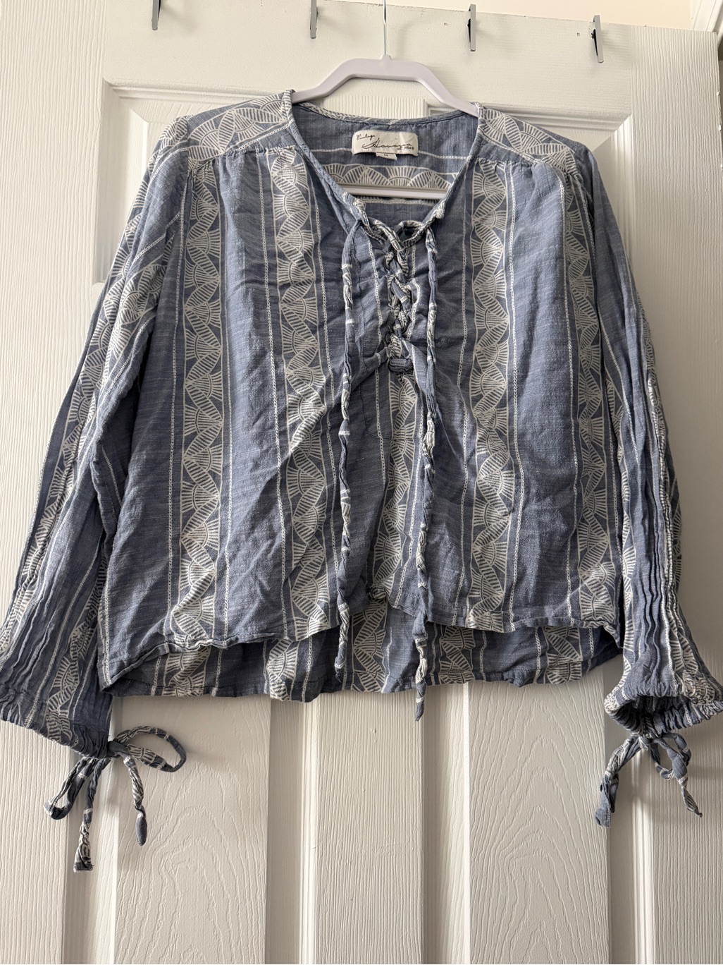 Vintage America Blue Cotton Lace Up Peasant Boho Beach Blouse M